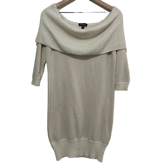 Bebe Off the Shoulder Metallic Knit Mini Sweater Dress Size Large - Picture 1 of 14